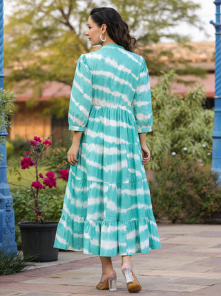 Women Sea Green Tie and Dye Pure Cotton Fit and Flared Midi Dress