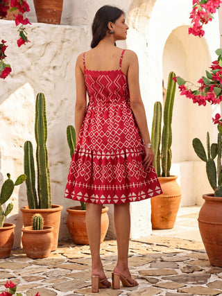 Berry Red Geometric Print Drawstring Dress