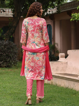 Pink Floral Embroidered 3-Piece Straight Kurta Set