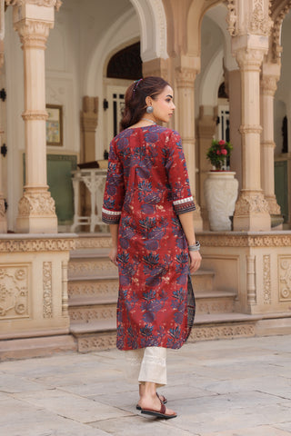 Women Floral Printed Thread Work Kurta