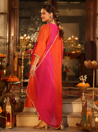 Pink Orange Embroidered Anarkali Kurta Set with Pocket