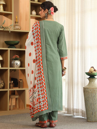 Women Ethnic Motifs Yoke Design Regular Thread Work Pure Cotton Kurta with Trousers & With Dupatta