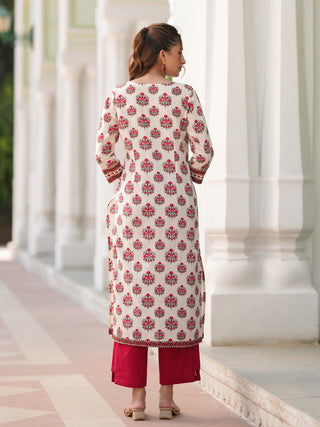 Beige Ethnic Motif Print Lace Kurta