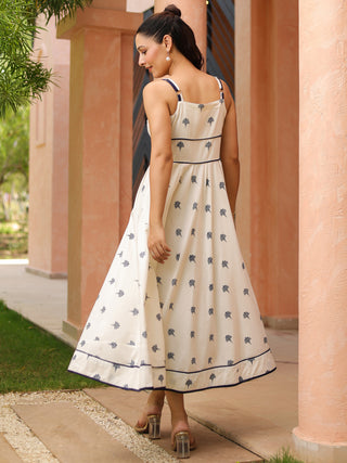 White Ethnic Motif Print Fit & Flare Dress