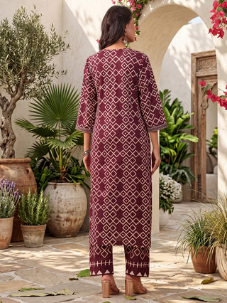 Wine Geometric Print Embroidered 3-Piece Straight Kurta Set