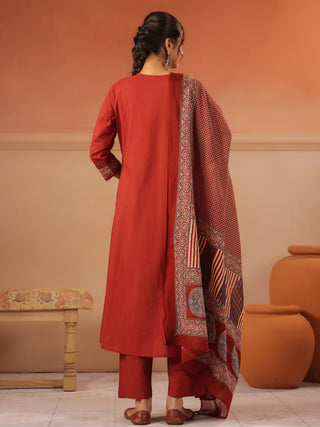 Red cotton solid straight fit kurta set with solid trouser and printed cotton dupatta