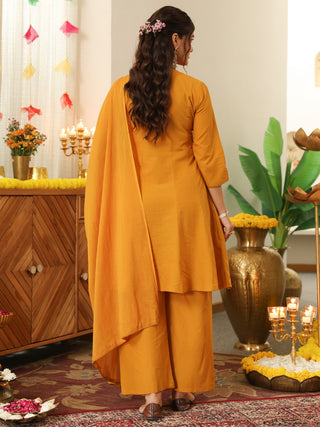 Mustard Embroidered Cotton A-Line Kurta Set