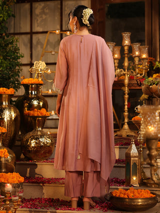 Mauve Embroidered Chanderi A-Line Kurta Set with Pocket