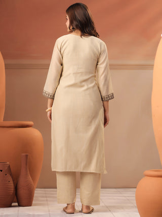 Women Ethnic Motifs Embroidered Regular Thread Work Chanderi Cotton Kurta with Trousers & Dupatta Set