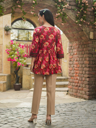 Women Red Floral Printed Pure Cotton Empire Tops