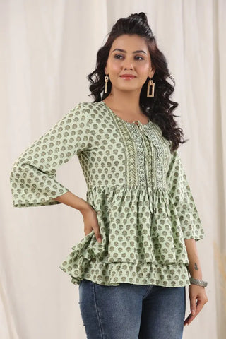 Women Green Ethnic Motifs Printed Tie-Up Neck Peplum Top