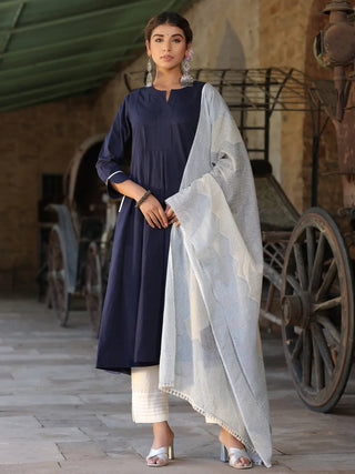 Women Navy Blue Solid Yoke Design Anarkali Kurta With Printed Dupatta And Trouser