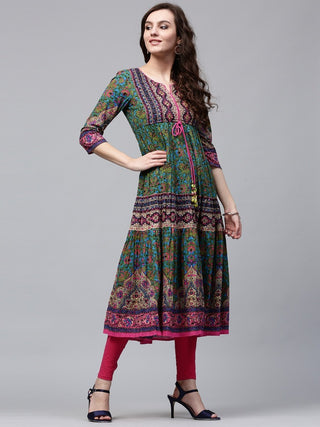 Women Green Printed Pure Cotton Anarkali Kurta