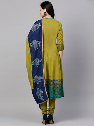 Women Olive Green Coloured Kurta with Churidar & Dupatta