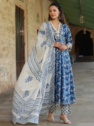 Women Indigo Blue Printed A-line Kurta With Hand Block Printed Dupatta and Printed Trouser