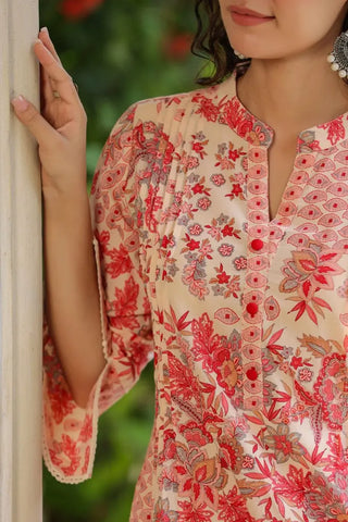 Women Peach Floral Printed Pintucks Kurta