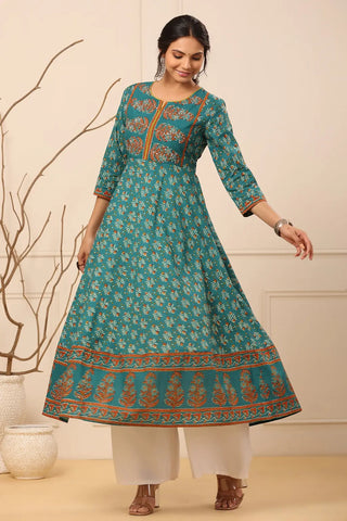 Women Teal Blue Ethnic Motifs Printed Anarkali Kurta