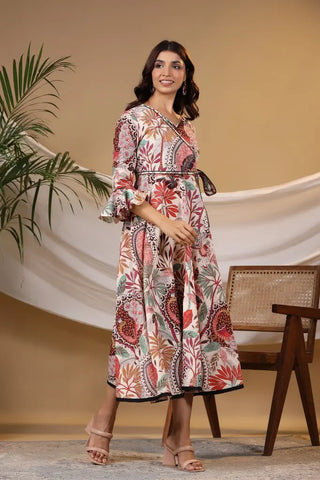 Women Tropical Printed Bell Sleeves Pure Cotton Wrap Midi Ethnic Dress