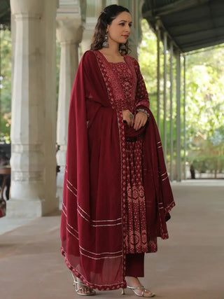 Women Panel Printed Maroon Anarkali Kurta With Trouser And Dupatta