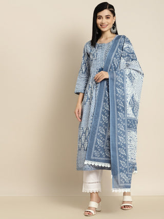 Women Blue coloured ethnic motifs sequinned pure cotton A line kurta with trousers & with dupatta