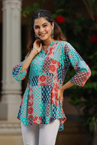 Women Blue Patch Printed A-line Top