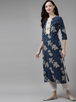 Women Blue Floral Printed Pure Cotton Straight Kurta