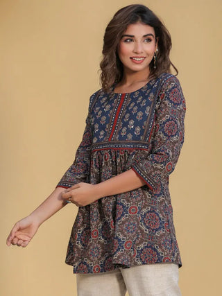 Women Blue Ethnic Motifs Printed A-line Kurti, Round Neck