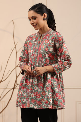 Women Olive green & Pink Floral Printed A line Pure Cotton Kurti