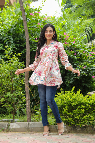 Women Peach Color Floral Printed A-line Kurti