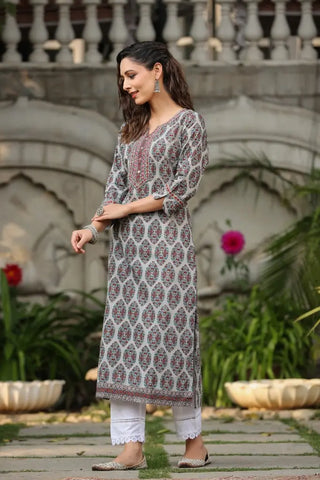 Women Grey Ethnic Motifs Printed Pure Cotton Kurta