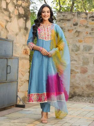 Women Blue Embroidered Anarkali Kurta With Trouser And Dupatta