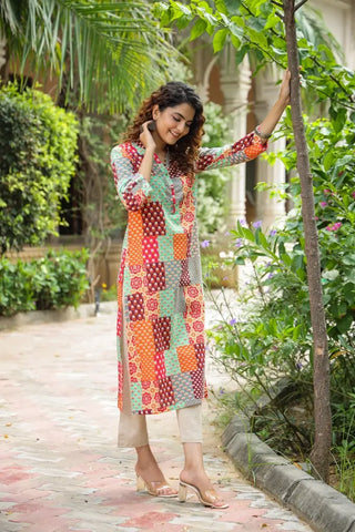 Women Multi-Color Red Patch Printed A-line Kurti