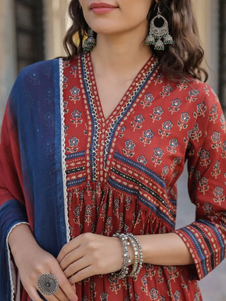 Women Maroon Ethnic Motifs Printed Empire Design Anarkali Kurta With Printed Trouser & Dupatta