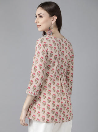 Women Floral Printed Sequinned Cotton A-Line Kurti