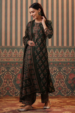 Women Green Ethnic Printed Pure Cotton Straight Kurta Set