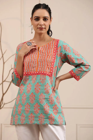 Women Green & Orange Ethnic Printed Sequinned Pure Cotton Kurti