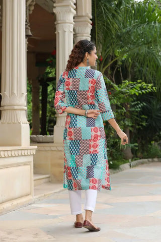 Women Blue Patch Printed A-line Kurti