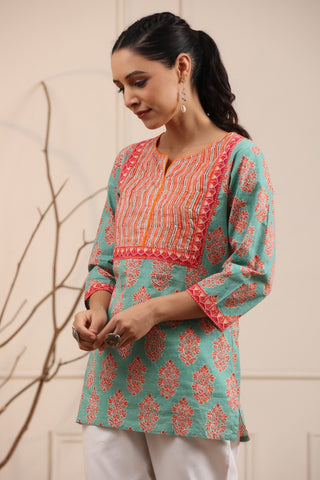 Women Green & Orange Ethnic Printed Sequinned Pure Cotton Kurti