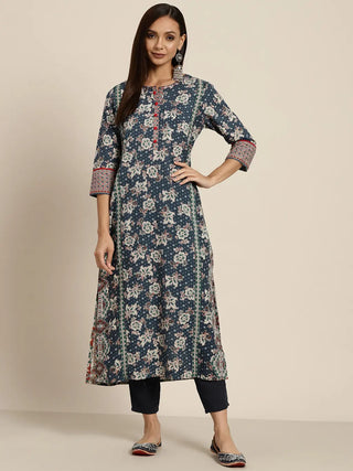 Women Navy Blue Pure Cotton Floral Print Straight Kurta