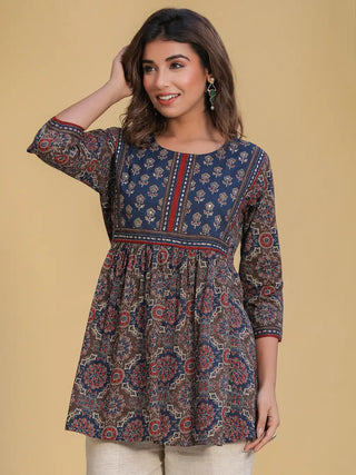 Women Blue Ethnic Motifs Printed A-line Kurti, Round Neck