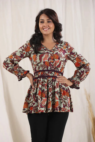 Women Green Floral Printed Peplum Top