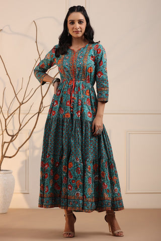 Women Green & Red Ethnic Pure Cotton A-Line Long Dress