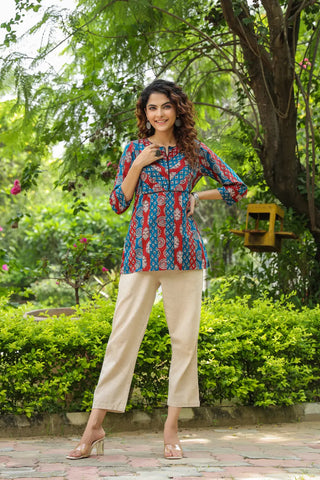 Women Blue Ethnic Motifs Printed Pure Cotton Kurti