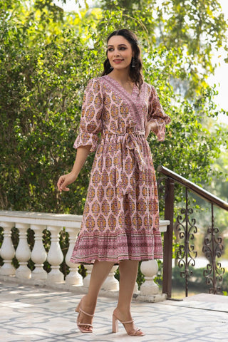 Women Pink Ethnic Motifs Printed Tie Up Pure Cotton Wrap Dress