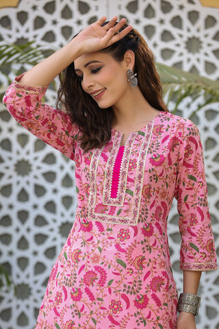 Pink Floral Printed Cotton Straight Kurta for Women