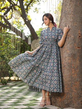 Women Rust And Blue Floral Ethnic A-line Pure Cotton Midi Ethnic Dress