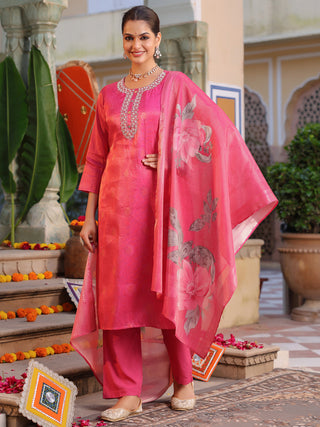 Women Floral Printed Regular Thread Work Pure Cotton Kurta with Trousers & With Dupatta