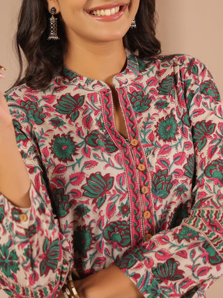 Green Floral Print Cotton Mandarin Collar Top