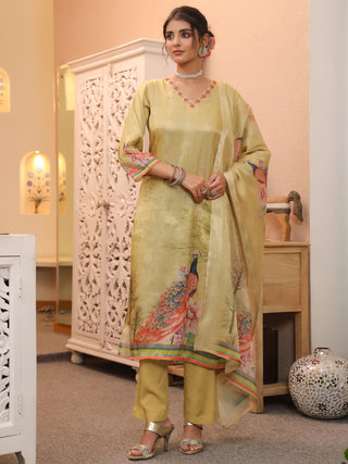 Peacock Printed Thread Work Chanderi Cotton Kurta With Trousers & Dupatta