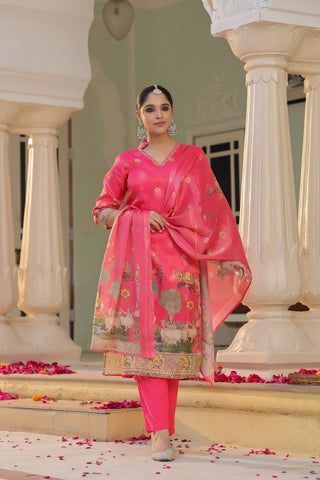 Women Printed Regular Chanderi Cotton Kurta with Trousers & Dupatta